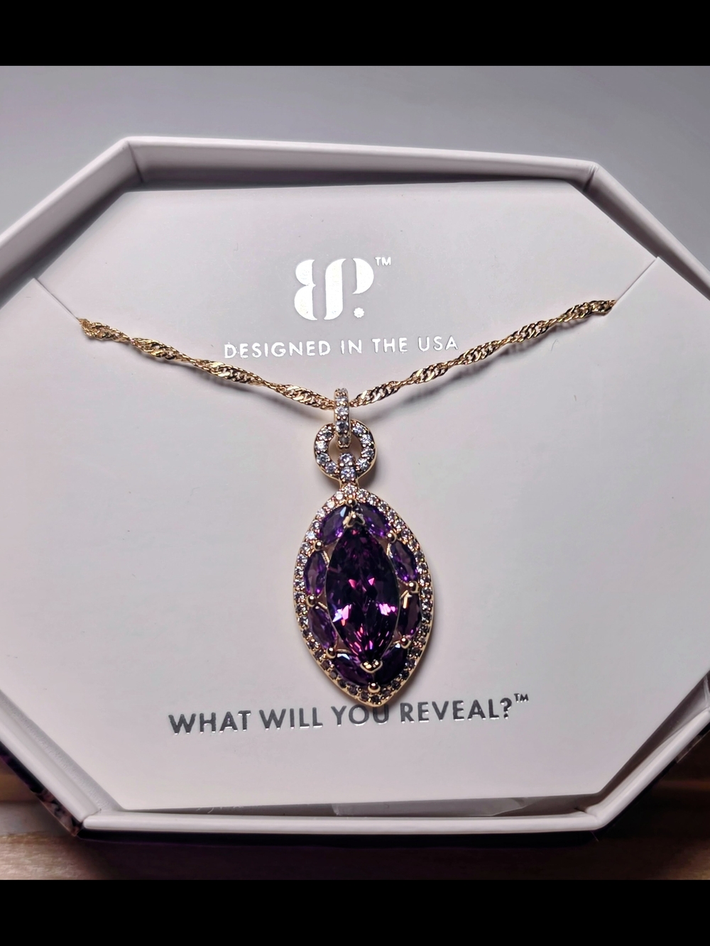 Elegant Gold Pendant Necklace with Purple Marquise Crystal - Designed in the USA